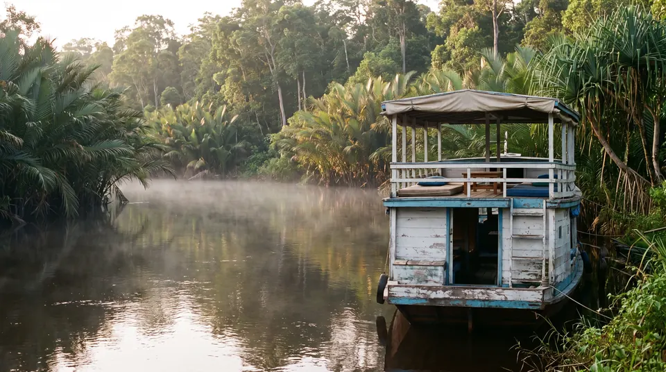 Illustration of a white and blue wooden klotok houseboat moored at dawn on a misty blackwater river lined with nipa palms